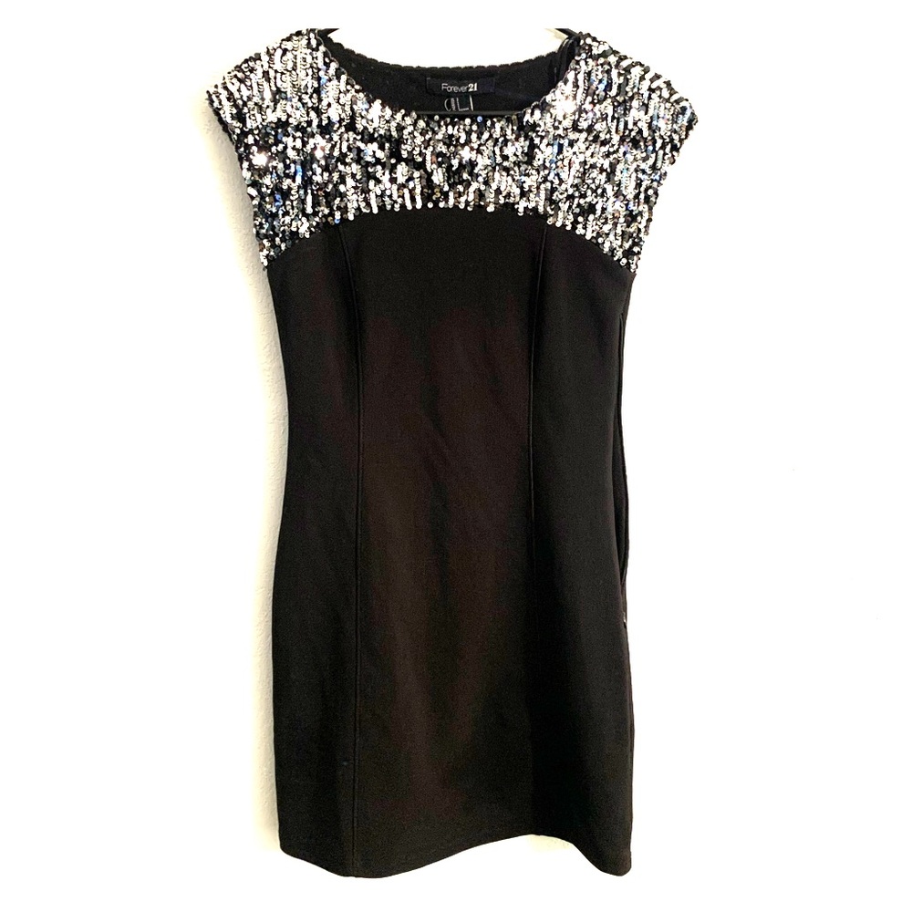 Black mini sequence cocktail dress.